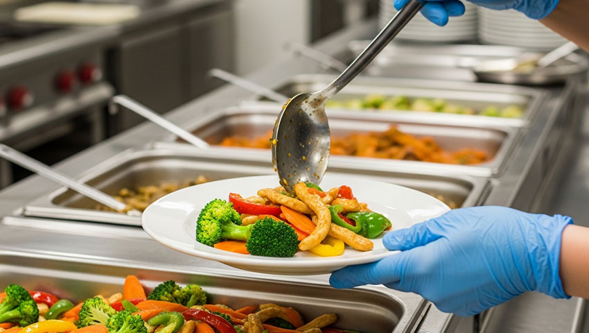 厨房で盛り付けるスタッフ