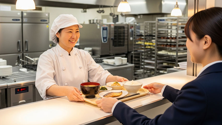 お盆を受け取る従業員