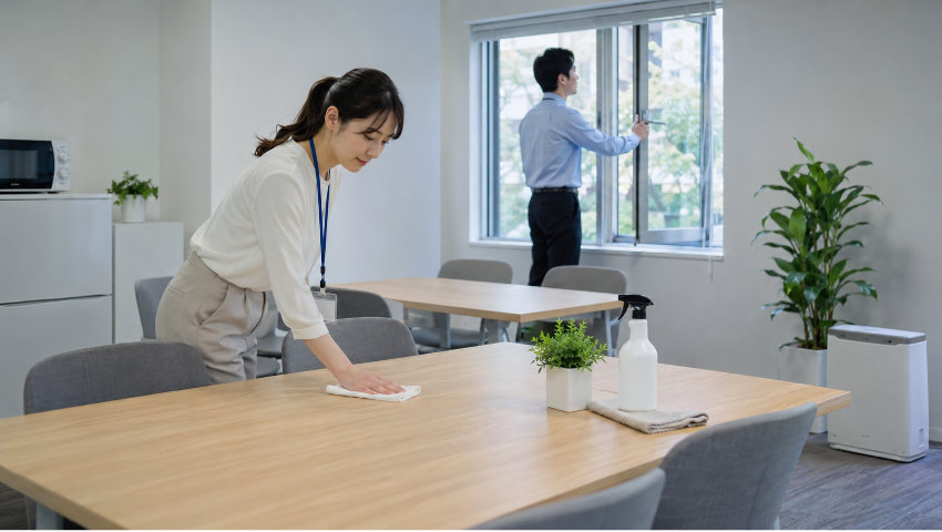 テーブルを拭く社員