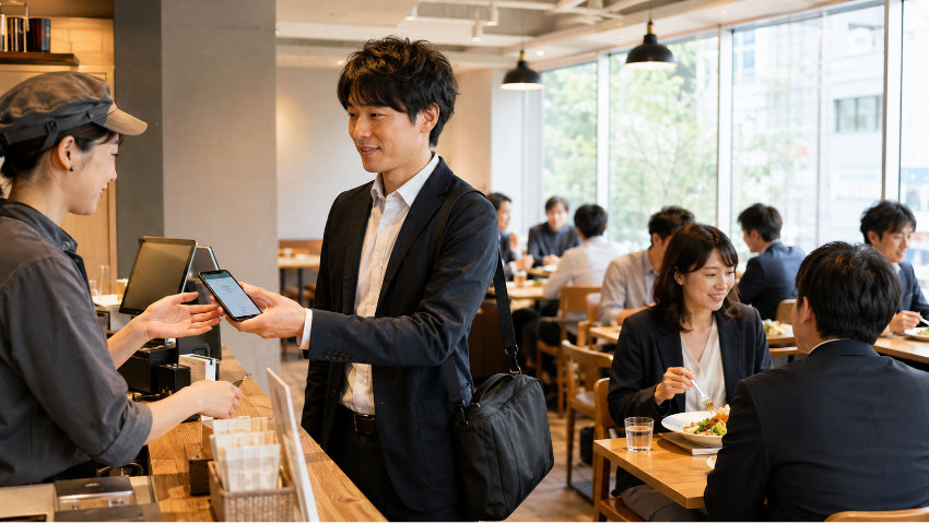 店員と話す社員