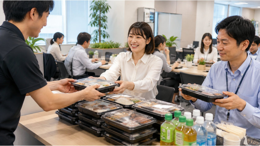 お弁当を受け取る従業員